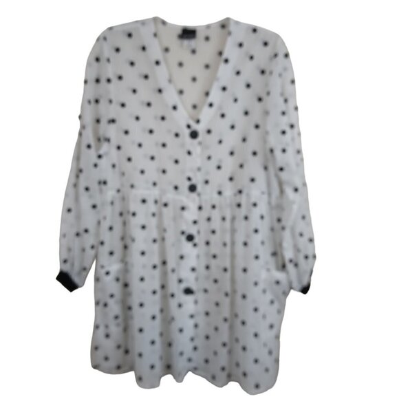 Dotti | Sheer Polka Dot  Button Front Mini Dress Black White Made USA | Size L - Picture 1 of 11